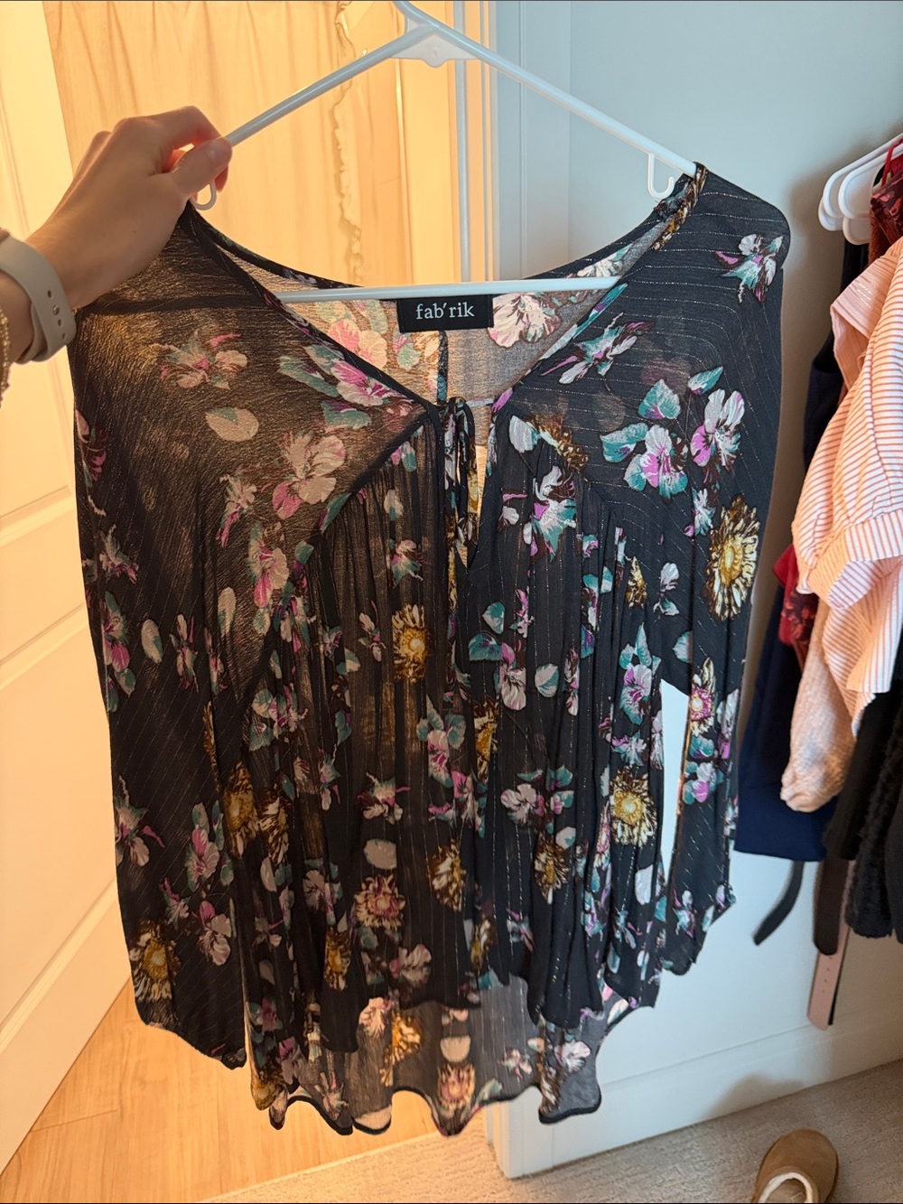 fab'rik Dark Grey Floral Tie-Front Pleated Blouse